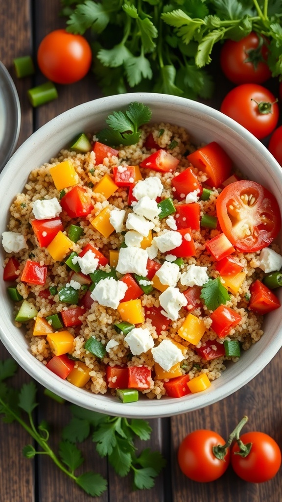 Mediterranean Quinoa Salad Without Cucumber A colorful Mediterranean quinoa salad with bell peppers, cherry tomatoes, and parsley, topped with feta cheese, on a rustic wooden table.